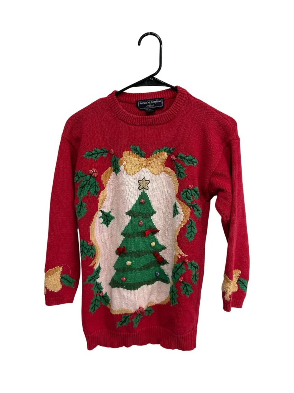 Norton McNaughton Petite Small Red Christmas Tree Holly Sweater Vintage Retro